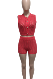 Orange Red Sexy Solid Color Buckle O Neck Sleeveless Two Pieces