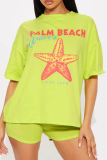 Green Yellow Casual Print O Neck Half Sleeve Two Pieces