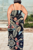 White Casual Print High Slit Spaghetti Strap Long Plus Size Dresses