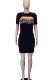 Black Casual Leopard Print Contrast O Neck Straight Dresses