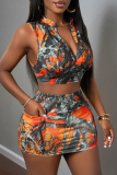 Orange Sexy Print Pocket Zipper Zipper Collar Sleeveless Two Pieces