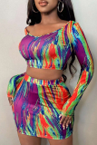 Purple Sexy Print Patchwork V Neck Long Sleeve Two Pieces