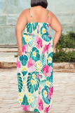 White Casual Print High Slit Spaghetti Strap Long Plus Size Dresses