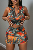 Orange Sexy Print Pocket Zipper Zipper Collar Sleeveless Two Pieces