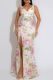 White Elegant Floral Print Sequins High Slit V Neck Long Dresses