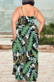 Black Green Casual Print High Slit Spaghetti Strap Long Plus Size Dresses