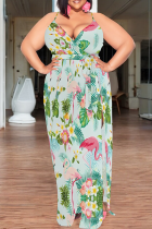 Turquoise Casual Print High Slit Spaghetti Strap Long Plus Size Dresses