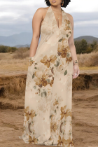 Camel Casual Print Pocket Backless Halter Long Dresses