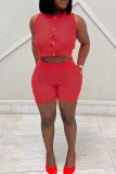 Orange Red Sexy Solid Color Buckle O Neck Sleeveless Two Pieces
