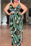 Black Green Casual Print High Slit Spaghetti Strap Long Plus Size Dresses