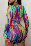 Purple Sexy Print Patchwork V Neck Long Sleeve Two Pieces