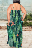 Black Green Casual Print High Slit Spaghetti Strap Long Plus Size Dresses