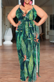 Black Green Casual Print High Slit Spaghetti Strap Long Plus Size Dresses