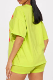 Green Yellow Casual Print O Neck Half Sleeve Two Pieces
