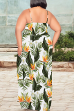 White Casual Print High Slit Spaghetti Strap Long Plus Size Dresses