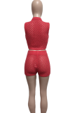 Orange Red Sexy Solid Color Buckle O Neck Sleeveless Two Pieces