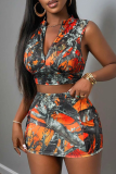 Orange Sexy Print Pocket Zipper Zipper Collar Sleeveless Two Pieces