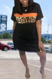 Black Casual Leopard Print Contrast O Neck Straight Dresses