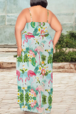 Black Green Casual Print High Slit Spaghetti Strap Long Plus Size Dresses