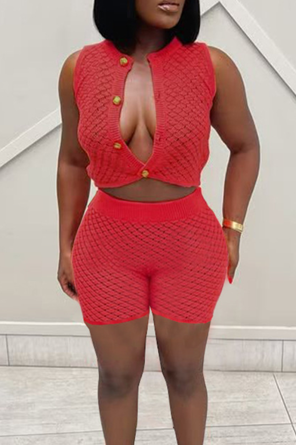 Orange Red Sexy Solid Color Buckle O Neck Sleeveless Two Pieces