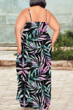 Black Green Casual Print High Slit Spaghetti Strap Long Plus Size Dresses