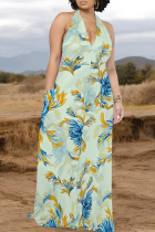 Light Green Casual Print Pocket Backless Halter Long Dresses