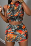 Orange Sexy Print Pocket Zipper Zipper Collar Sleeveless Two Pieces