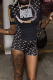 Black Casual Print O Neck Short Sleeve Two Pieces