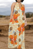 Tangerine Red Casual Stripe Pocket Backless Halter Long Dresses