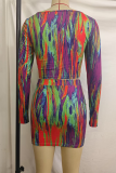 Purple Sexy Print Patchwork V Neck Long Sleeve Two Pieces