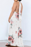 Khaki Casual Print Pocket Backless Halter Long Dresses