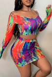 Purple Sexy Print Patchwork V Neck Long Sleeve Two Pieces