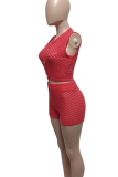 Orange Red Sexy Solid Color Buckle O Neck Sleeveless Two Pieces