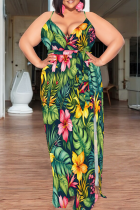 Green Casual Print High Slit Spaghetti Strap Long Plus Size Dresses