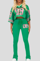 Green Casual Letters Contrast V Neck Long Sleeve Two Pieces