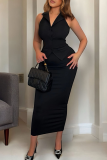 Pink Elegant Solid Color Buckle Slit Turn-back Collar Sleeveless Two Pieces