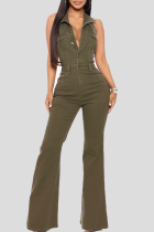 Army Green Casual Solid Color Buckle Turndown Collar Sleeveless Regular Denim Jumpsuits