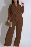 Green Yellow Casual Solid Color Buckle Turndown Collar Long Sleeve Two Pieces