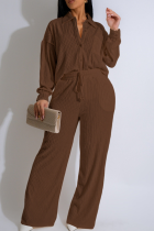 Brown Casual Solid Color Buckle Turndown Collar Long Sleeve Two Pieces