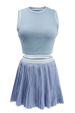 Pink Casual Pleated O Neck Sleeveless Two Pieces