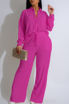Rose Red Casual Solid Color Buckle Turndown Collar Long Sleeve Two Pieces