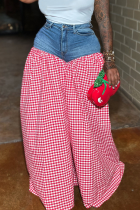 Red Casual Plaid Patchwork Loose Mid Waist Wide Leg Patchwork Bottoms