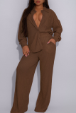 Green Yellow Casual Solid Color Buckle Turndown Collar Long Sleeve Two Pieces