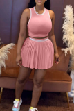 Pink Casual Pleated O Neck Sleeveless Two Pieces