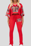 Red Casual Letters Contrast V Neck Long Sleeve Two Pieces