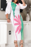 Blue Casual Print Ruched O Neck Long Dresses