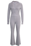 Grey Casual Solid Color Zipper Zipper Collar Long Sleeve Two Pieces