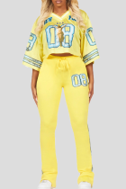 Yellow Casual Letters Contrast V Neck Long Sleeve Two Pieces