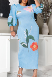 Blue Casual Print Ruched O Neck Long Dresses