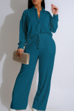 Green Yellow Casual Solid Color Buckle Turndown Collar Long Sleeve Two Pieces